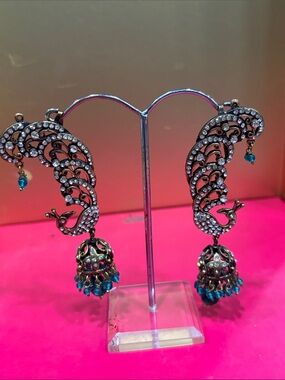 Intricate Peacock Jhumka Earrings - Blue Crystal Accents